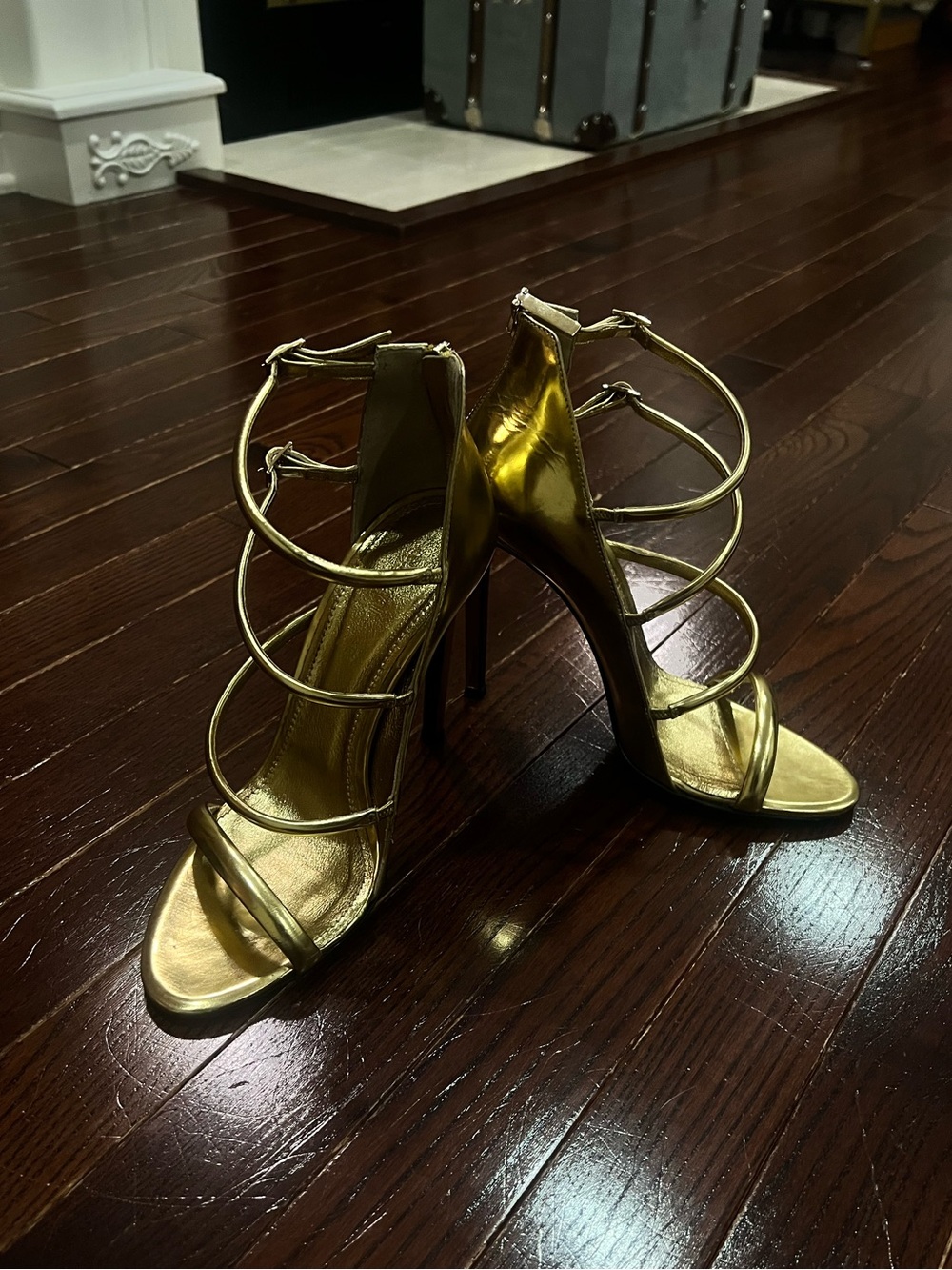 Roberto Cavalli vintage Gold Mirror Leather Strappy Heels Sandals Sz 38/8